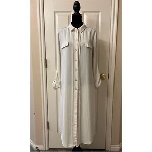 OASIS Women's White With Black Pinstripe Button-Up Long Midi Shirt Dress US 8
